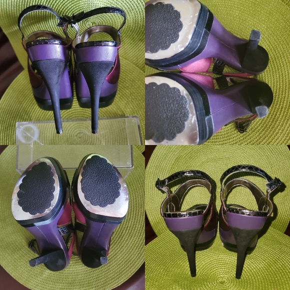 bebe Black Snakeskin, Raspberry Satin, Plum Purple Leather Peep-Toe Platforms - Picture 4 of 11